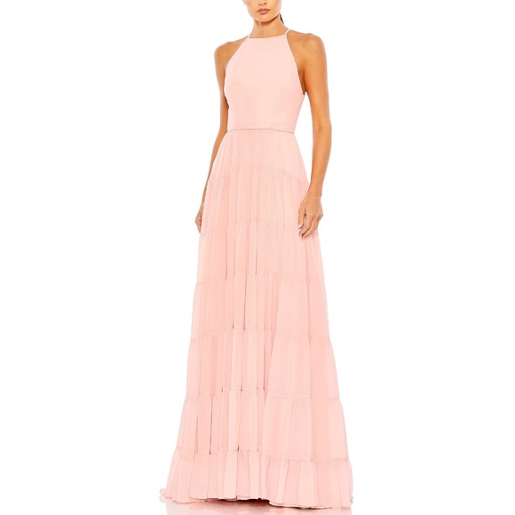 Mac Duggal Halter Ruffle Tiered A-line Gown, Rose Pink, size 6